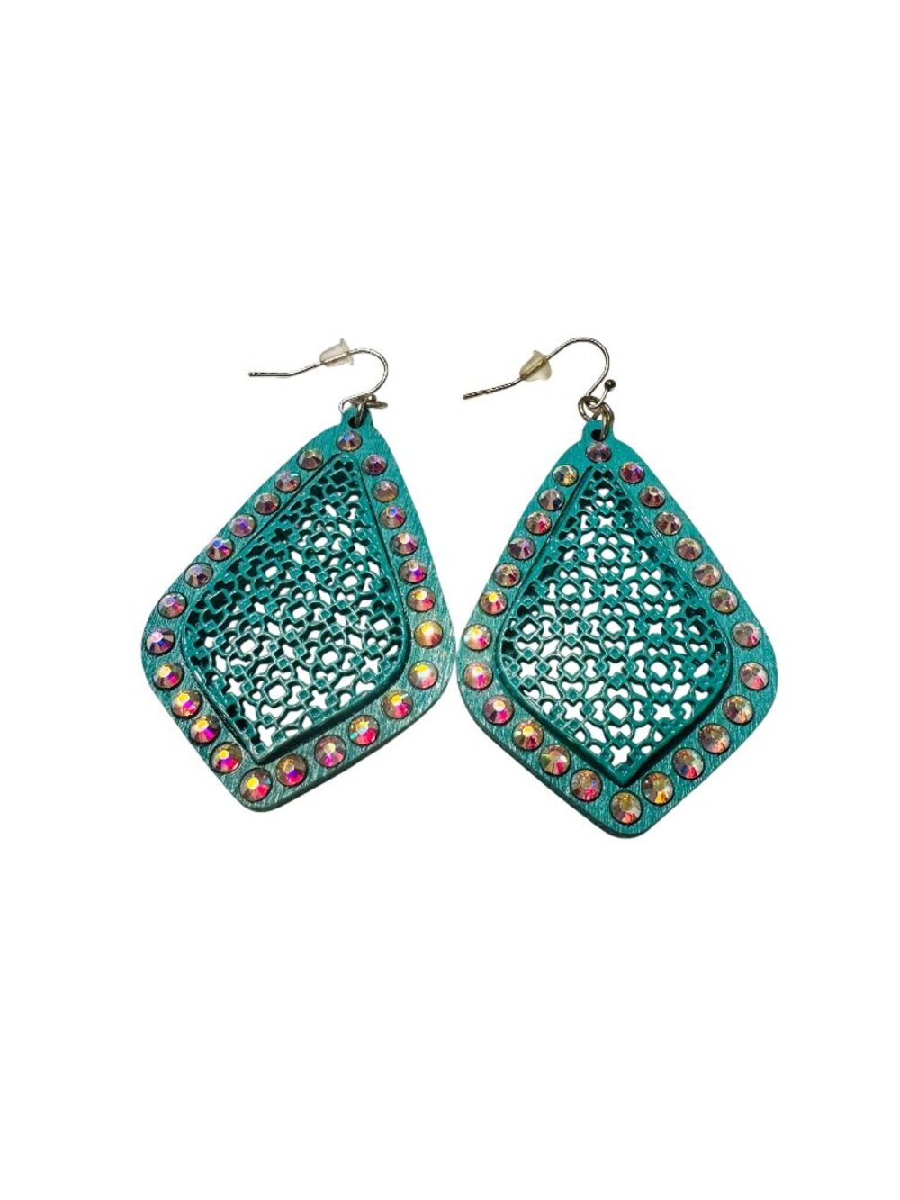 Turquoise Diamond-Shaped Cut Wood & Metal Earrings With Iridescent Rhinestones